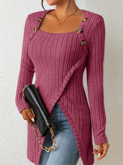 Button Decor Asymmetrical Hem T-Shirt, Casual Ribbed Long Sleeve Top For Spring & Fall, Women's Clothing