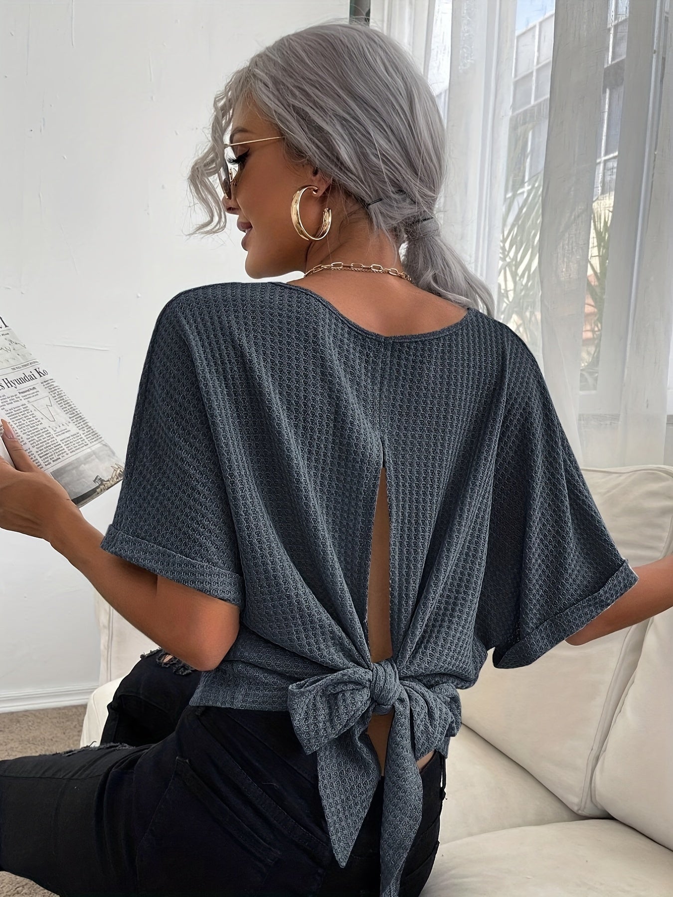 Lightweight Waffle Knit Tie-Back T-Shirt - Chic Casual Short Sleeve Top for Spring & Summer - Perfect Womens Fashion Essential