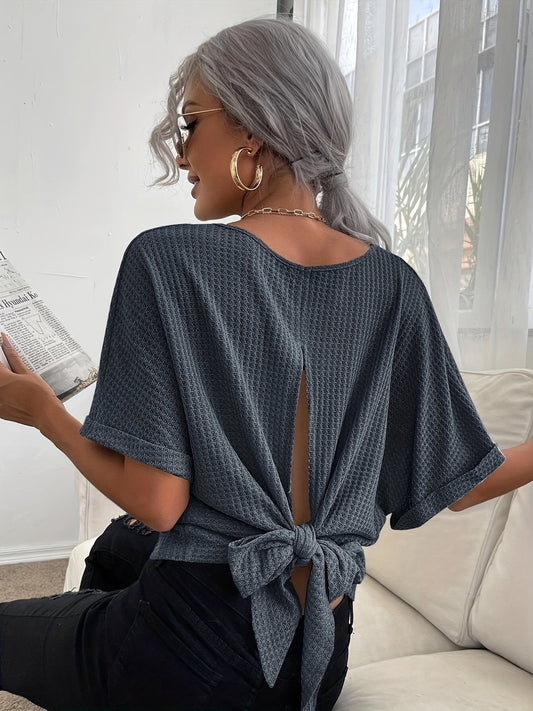 Lightweight Waffle Knit Tie-Back T-Shirt - Chic Casual Short Sleeve Top for Spring & Summer - Perfect Womens Fashion Essential