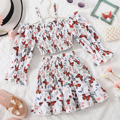 2pcs Toddler Girls Long Puff Sleeves Cold Shoulder Shirred Frill Trim Crop Top & Ruffled Hem Skirt Set Kids Spring Summer Clothes