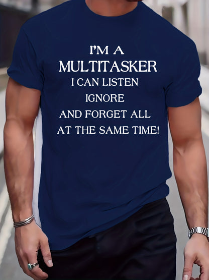 Men's Plus Size Beige T-Shirt - "I'm a Multitasker" Humorous Print, Casual Mid-Stretch Crew Neck, Short Sleeve, Ideal for Summer, Youth Casual Top|Humorous Print Tee|Nontransparent Material, PLUS SIZE