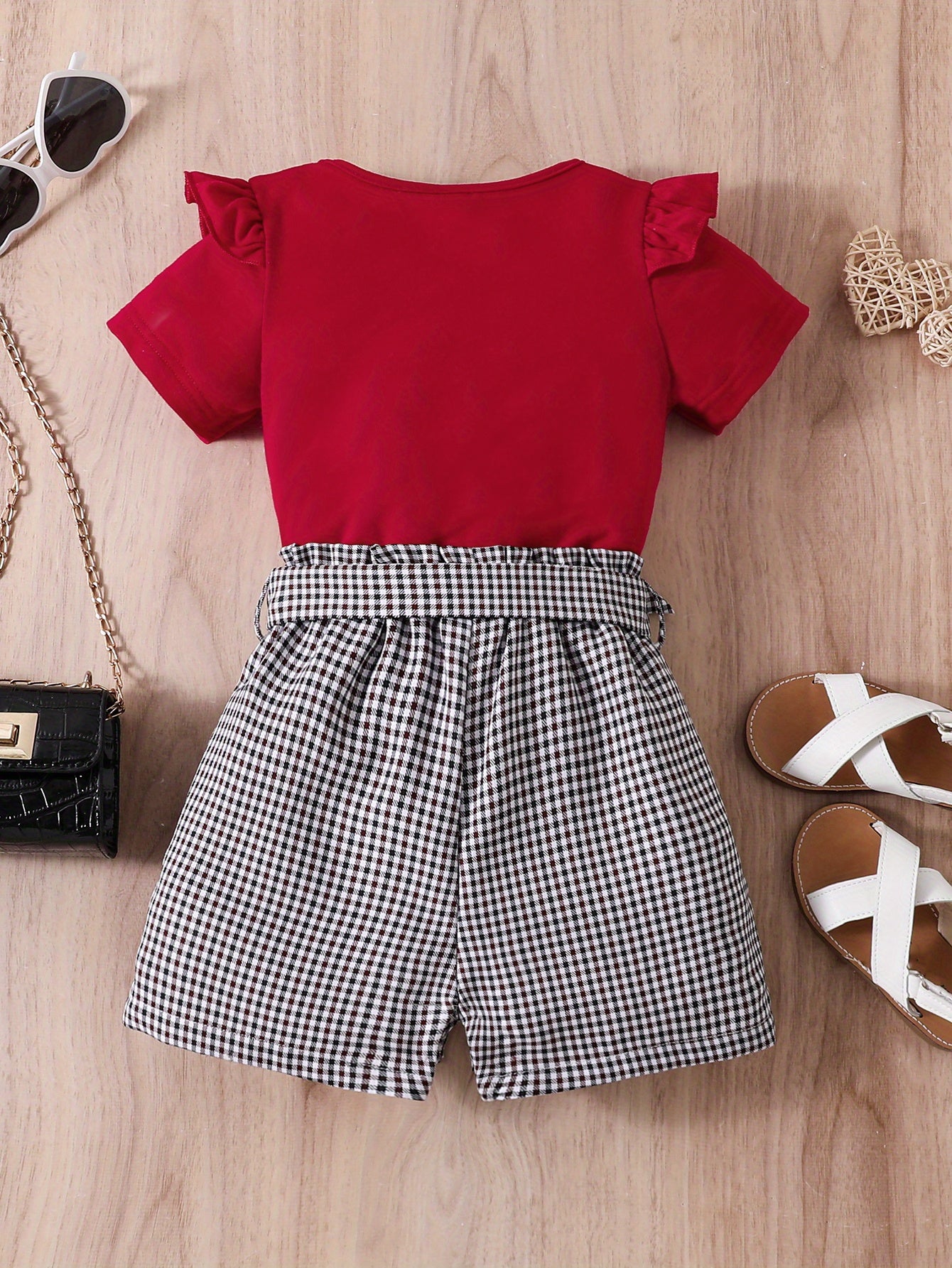 2pcs Girls Round Neck T-Shirt Ruffles Short Sleeves Tee Tops & Belted Plaid Shorts Set Summer Clothes