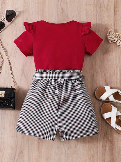 2pcs Girls Round Neck T-Shirt Ruffles Short Sleeves Tee Tops & Belted Plaid Shorts Set Summer Clothes