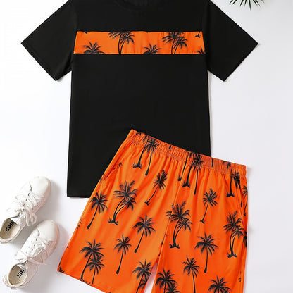 2Pcs Men's Palm Trees Print Casual Crew Neck Short Sleeve T-shirt And Drawstring Sweatpants Joggers Set For Summer