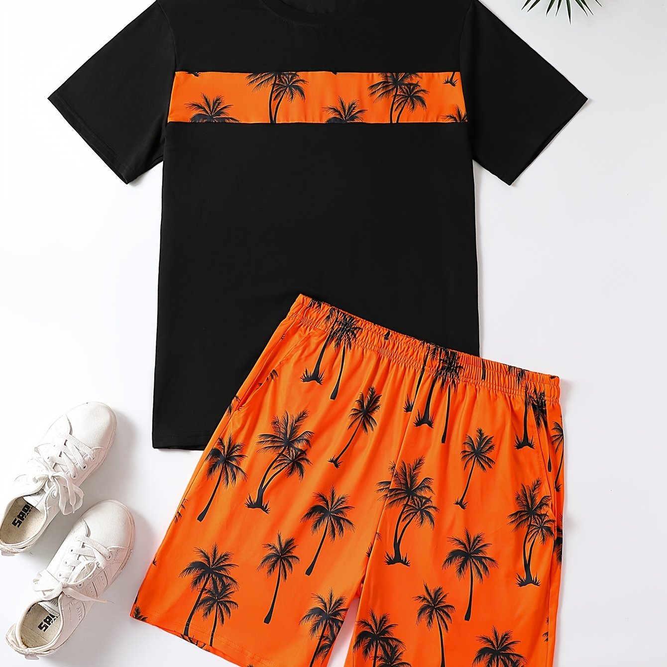 2Pcs Men's Palm Trees Print Casual Crew Neck Short Sleeve T-shirt And Drawstring Sweatpants Joggers Set For Summer
