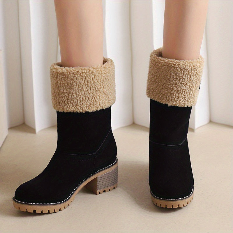 Mid Calf Snow Boots for Women - Stacked Block Heel, Plush Round Toe, Thermal Insulation, Slip-On Design, Solid Color, Winter Warmth and Comfort Shoes