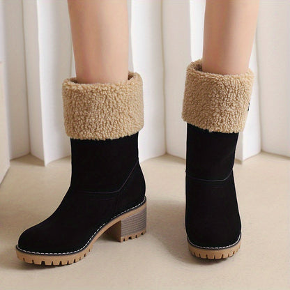 Mid Calf Snow Boots for Women - Stacked Block Heel, Plush Round Toe, Thermal Insulation, Slip-On Design, Solid Color, Winter Warmth and Comfort Shoes