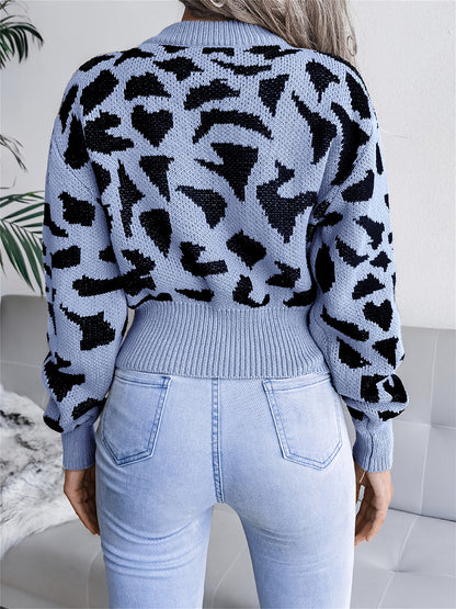 Leopard Print Crop Sweater, Casual Crew Neck Long Sleeve Sweater, Casual Tops For Fall & Winter, Women's Clothing