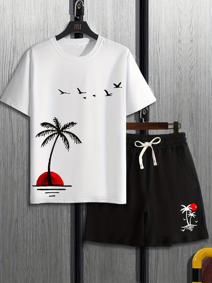 Mens 2Pcs Coconut Tree Print Outfit - Lightweight & Comfortable Casual T-Shirt & Drawstring Shorts Set - Perfect Summer Style with Quick-Dry Technology