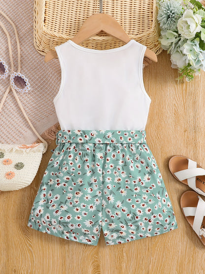 Girls 2pcs Round Neck Sleeveless Tank Top & Elastic Waist Shorts With Belt Floral Love Print Casual Kids Clothes Summer