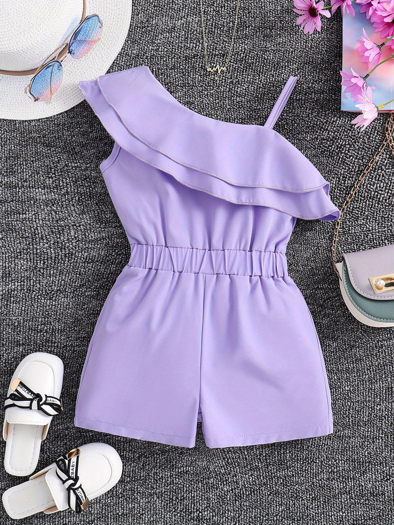 Adorable Girls' White One-Shoulder Romper Jumpsuit - Ruffled, Sleeveless, Summer Outfit for Kids - Breathable, Soft, Comfortable Clothing for Little Princesses
