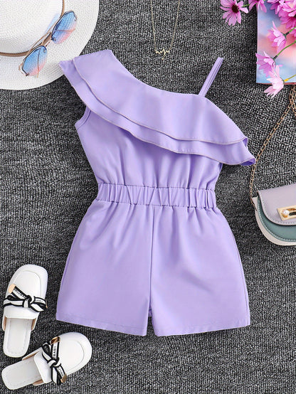 Adorable Girls' White One-Shoulder Romper Jumpsuit - Ruffled, Sleeveless, Summer Outfit for Kids - Breathable, Soft, Comfortable Clothing for Little Princesses