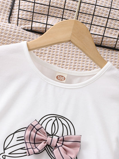 2pcs Girls Figure Graphic T-Shirts Round Neck Ruffle Sleeve Tees Top & Elastic Waist Bow Plaid Shorts Set Kids Summer Clothes