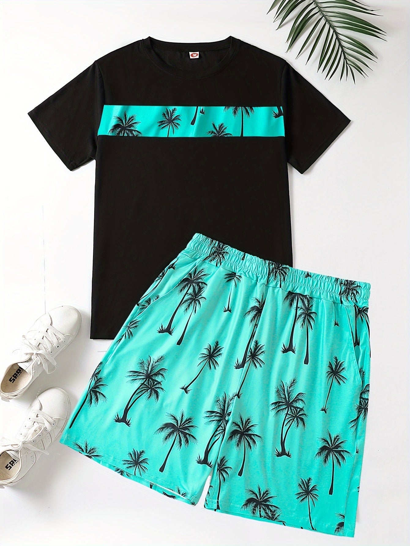 2Pcs Men's Palm Trees Print Casual Crew Neck Short Sleeve T-shirt And Drawstring Sweatpants Joggers Set For Summer