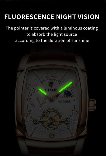 LIGE 2023 Vintage-Inspired Mechanical Men's Watch – Waterproof, Rectangular Leather Timepiece, Perfect Gift