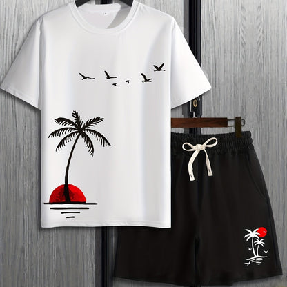 Mens 2Pcs Coconut Tree Print Outfit - Lightweight & Comfortable Casual T-Shirt & Drawstring Shorts Set - Perfect Summer Style with Quick-Dry Technology