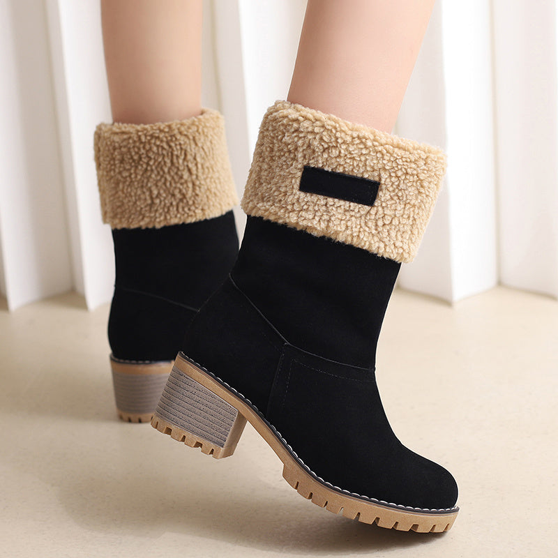 Mid Calf Snow Boots for Women - Stacked Block Heel, Plush Round Toe, Thermal Insulation, Slip-On Design, Solid Color, Winter Warmth and Comfort Shoes