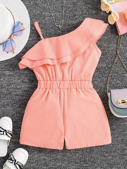 Adorable Girls' White One-Shoulder Romper Jumpsuit - Ruffled, Sleeveless, Summer Outfit for Kids - Breathable, Soft, Comfortable Clothing for Little Princesses