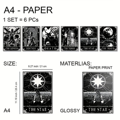 6pcs/set Black White Tarot Posters Wall Art, Living Room Bedroom Modern Wall Painting No Frame