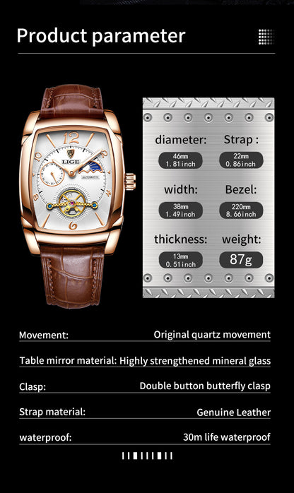 LIGE 2023 Vintage-Inspired Mechanical Men's Watch – Waterproof, Rectangular Leather Timepiece, Perfect Gift