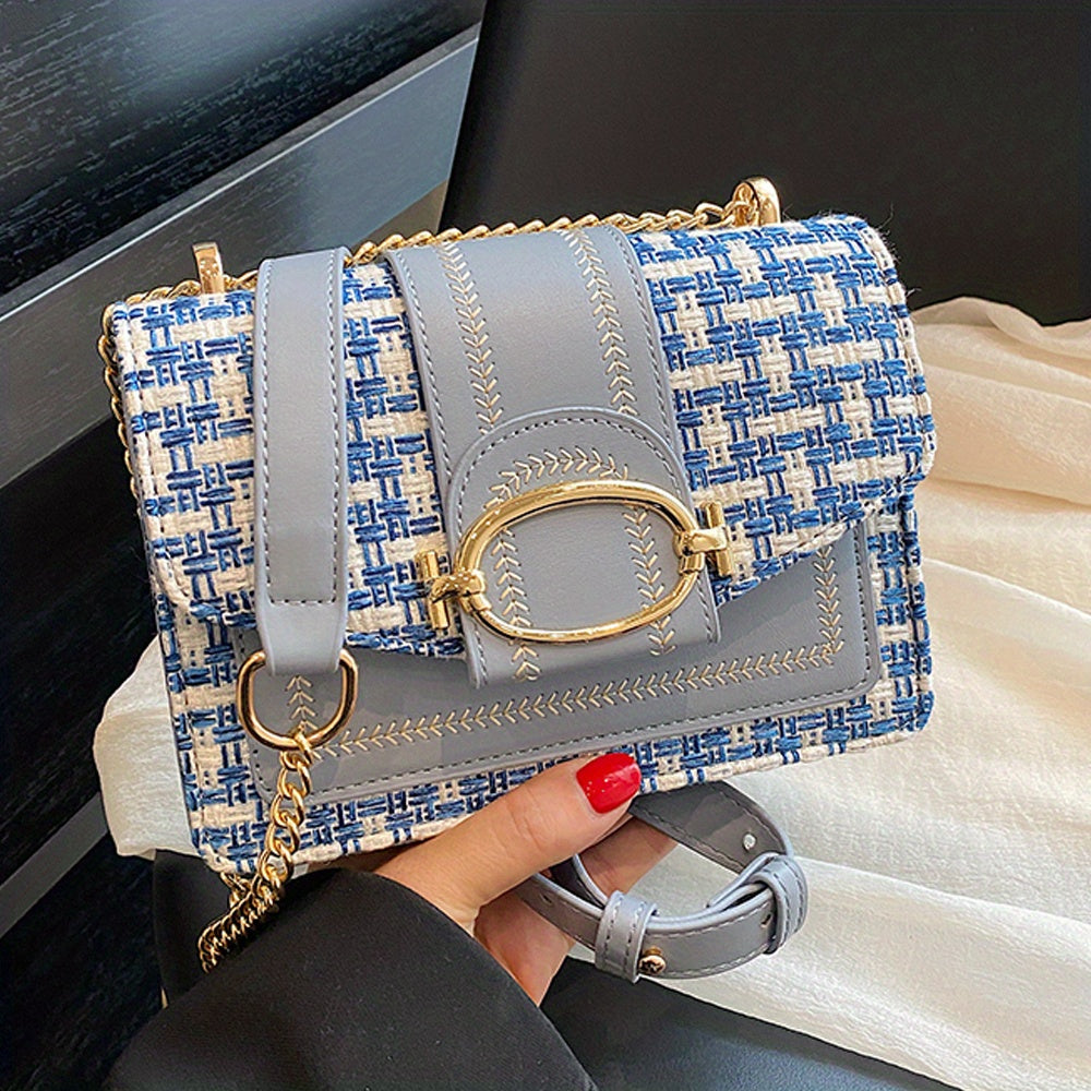 Mini Plaid Pattern Tweed Bag, Buckle Decor Shoulder Square Bag, Chain Crossbody Flap Purse For Everyday