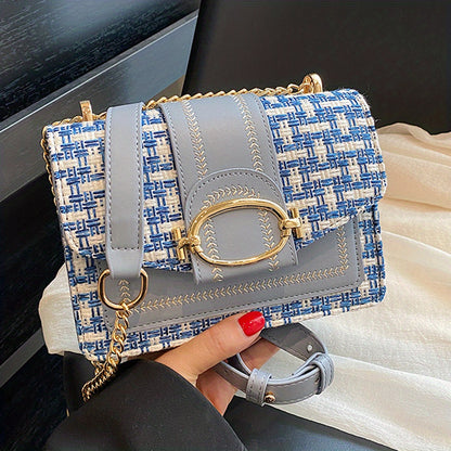 Mini Plaid Pattern Tweed Bag, Buckle Decor Shoulder Square Bag, Chain Crossbody Flap Purse For Everyday
