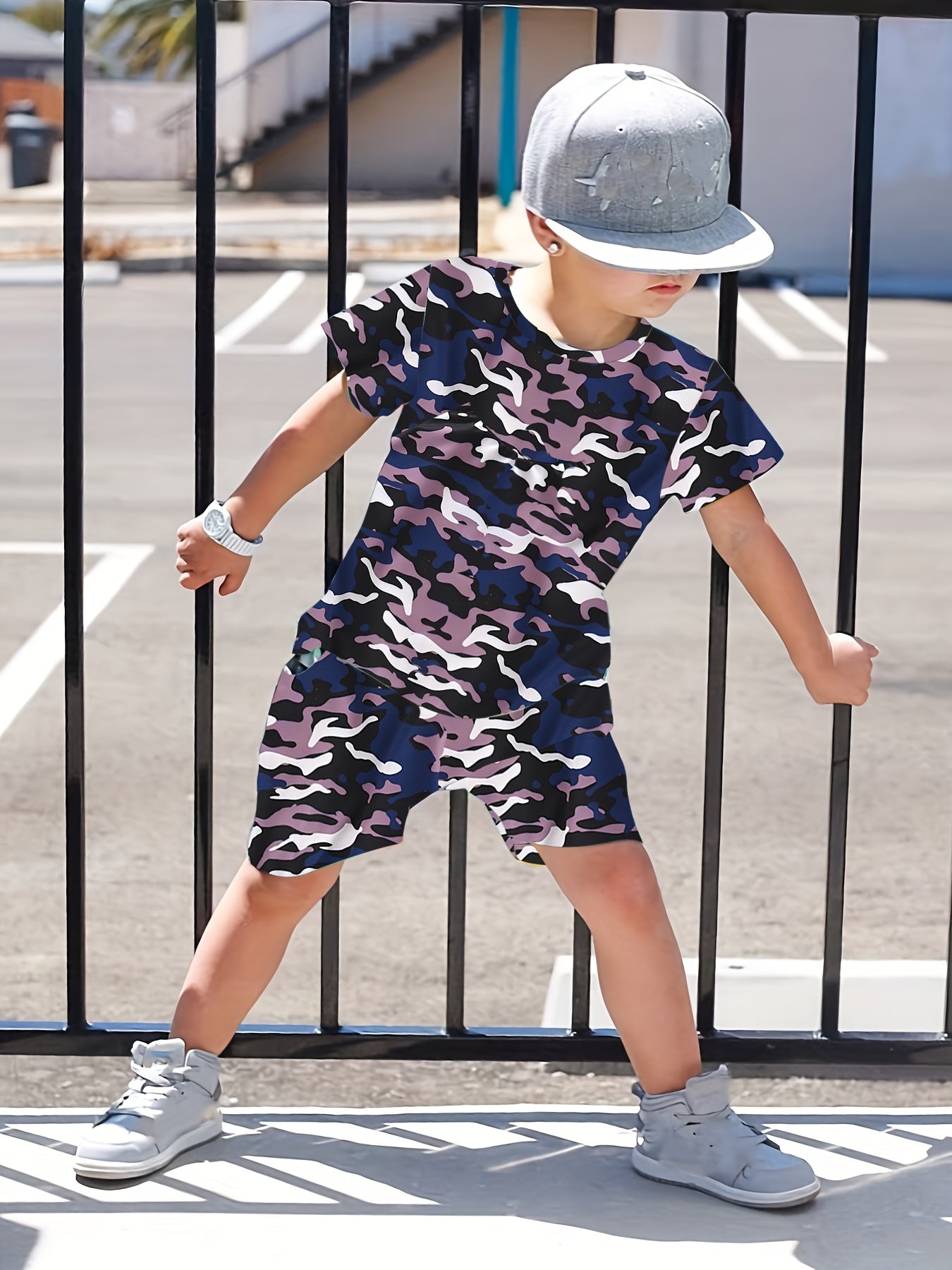Boys Fashionable Camouflage Two-piece Set - Lightweight T-shirt & Shorts for Summer Playtime - Trendy & Comfortable Everyday Wear