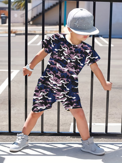 Boys Fashionable Camouflage Two-piece Set - Lightweight T-shirt & Shorts for Summer Playtime - Trendy & Comfortable Everyday Wear