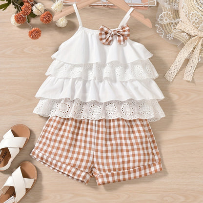 2pcs Ruffles Cami Top & Elastic Waist Plaid Shorts Set - Girls Summer Clothes with Flower Hollow Bow