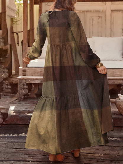 Patchwork Print Loose Dress, Boho V Neck Long Sleeve Dress, Women's Clothing