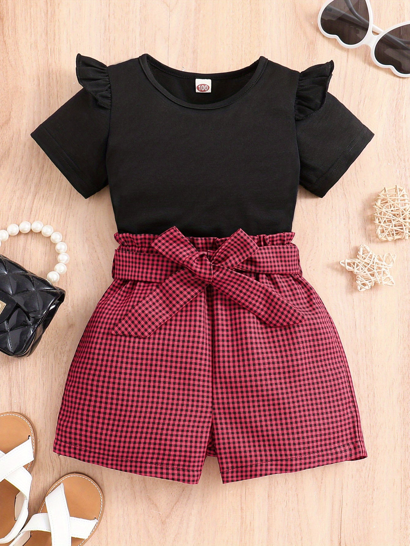 2pcs Girls Round Neck T-Shirt Ruffles Short Sleeves Tee Tops & Belted Plaid Shorts Set Summer Clothes