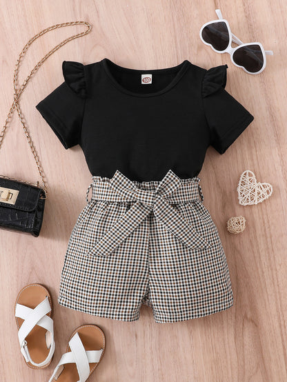 2pcs Girls Round Neck T-Shirt Ruffles Short Sleeves Tee Tops & Belted Plaid Shorts Set Summer Clothes
