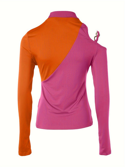 Fashionable Color Block Cut Out T-Shirt - Eye-Catching Detail, Chic Mock Neck, Cold Shoulder Style - Perfect for Spring & Fall, Womens Casual Wardrobe Staple