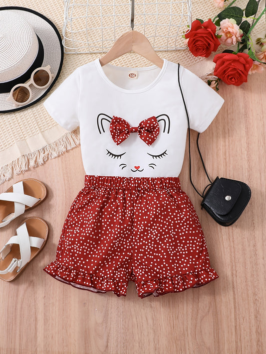 2pcs Girls Cute Cat Graphic Bow T-Shirts Round Neck Short Sleeve Tees Top & Elastic Waist Polka Dots Ruffled Hem Shorts Set Kids Summer Clothes