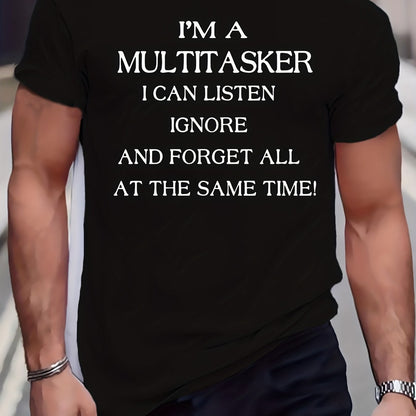 Men's Plus Size Beige T-Shirt - "I'm a Multitasker" Humorous Print, Casual Mid-Stretch Crew Neck, Short Sleeve, Ideal for Summer, Youth Casual Top|Humorous Print Tee|Nontransparent Material, PLUS SIZE