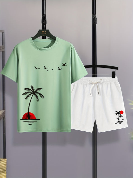 Mens 2Pcs Coconut Tree Print Outfit - Lightweight & Comfortable Casual T-Shirt & Drawstring Shorts Set - Perfect Summer Style with Quick-Dry Technology