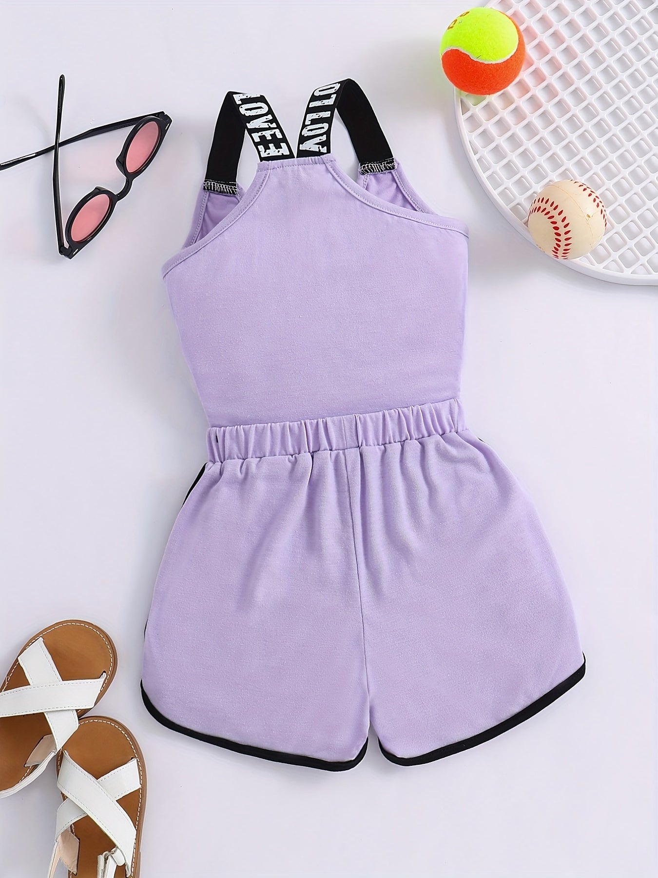 2pcs Toddler Girls Heart And "LOVE" Graphic Letter Tape Cami Top & Bow Contrast Binding Track Shorts Set Kids Summer Clothes
