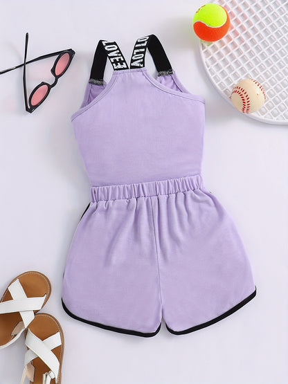 2pcs Toddler Girls Heart And "LOVE" Graphic Letter Tape Cami Top & Bow Contrast Binding Track Shorts Set Kids Summer Clothes