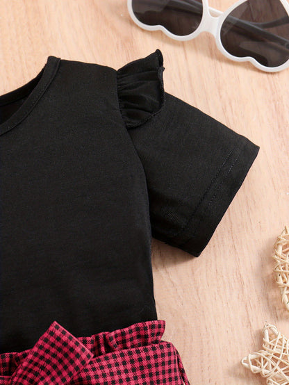 2pcs Girls Round Neck T-Shirt Ruffles Short Sleeves Tee Tops & Belted Plaid Shorts Set Summer Clothes