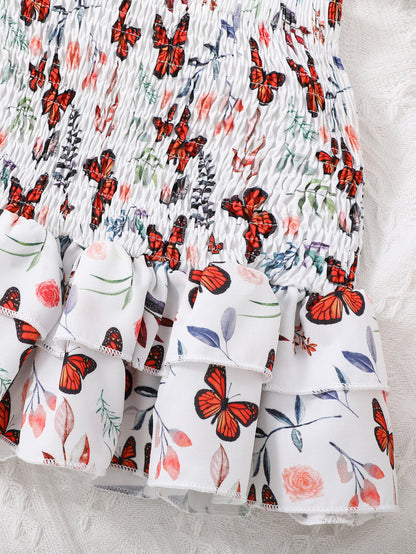 2pcs Toddler Girls Long Puff Sleeves Cold Shoulder Shirred Frill Trim Crop Top & Ruffled Hem Skirt Set Kids Spring Summer Clothes