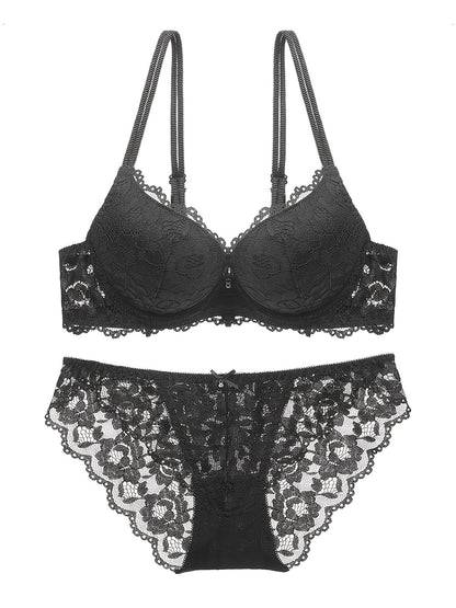 Romantic Lace Embroidery Lingerie Set - Soft & Breathable Push-Up Bra with Sheer Panty - Perfect Seductive Valentines Gift for Her - Womens Comfortable Intimate Wear