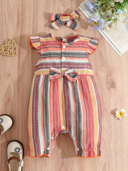Baby Girls Striped Ruffled Romper Set with Bow Headband for Summer