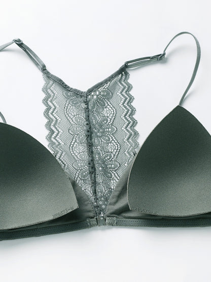 Triangle Cups Front Buckle Bras, Lace Stitching Beauty Back Bra With Removable Pads, Women's Lingerie & Underwear