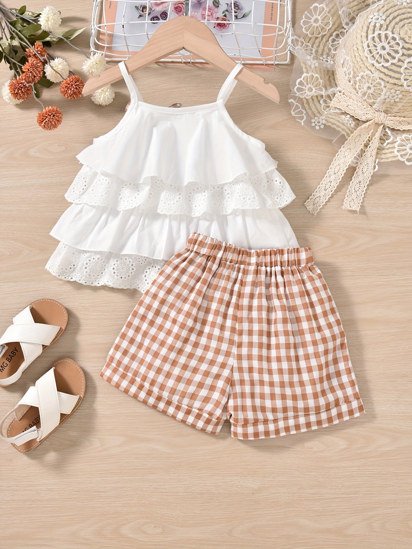 2pcs Ruffles Cami Top & Elastic Waist Plaid Shorts Set - Girls Summer Clothes with Flower Hollow Bow