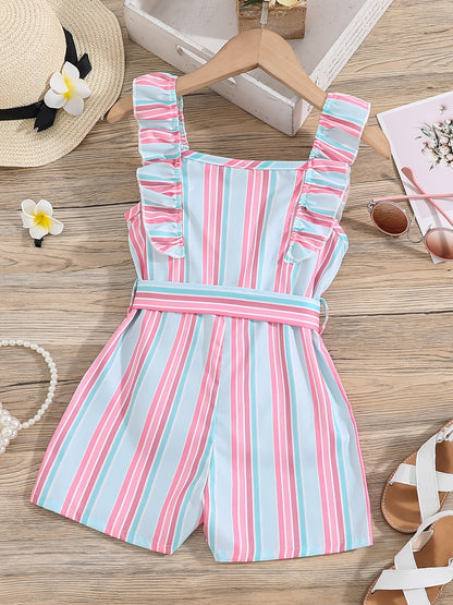 Girls Sleeveless Ruffle Trim Romper Striped Jumpsuit With Belt Kids Summer Clothes