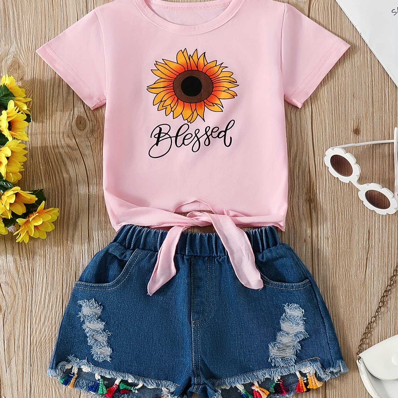 2pcs Comfy Girls Casual Short Sleeve T-shirt & Denim Shorts Set, Sunflower And Letter Graphic Print Summer Kids Outdoor Clothing
