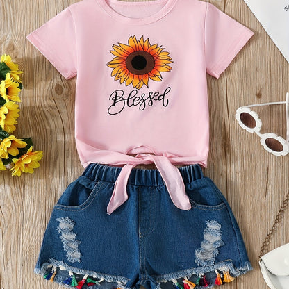 2pcs Comfy Girls Casual Short Sleeve T-shirt & Denim Shorts Set, Sunflower And Letter Graphic Print Summer Kids Outdoor Clothing