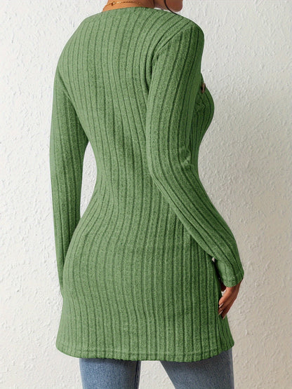 Button Decor Asymmetrical Hem T-Shirt, Casual Ribbed Long Sleeve Top For Spring & Fall, Women's Clothing