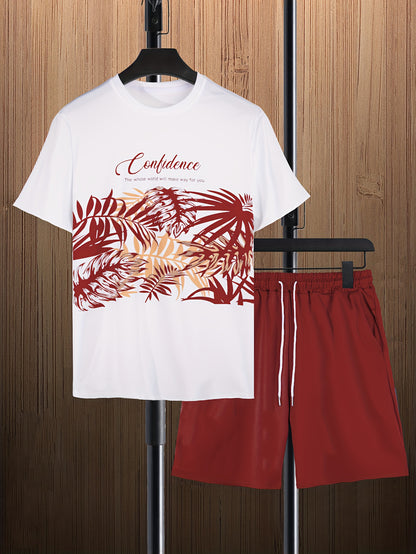 Mens Trendy Leaf Print 2-Piece Outfit - Relaxed Fit T-Shirt & Adjustable Drawstring Shorts - Comfortable Casual Wear