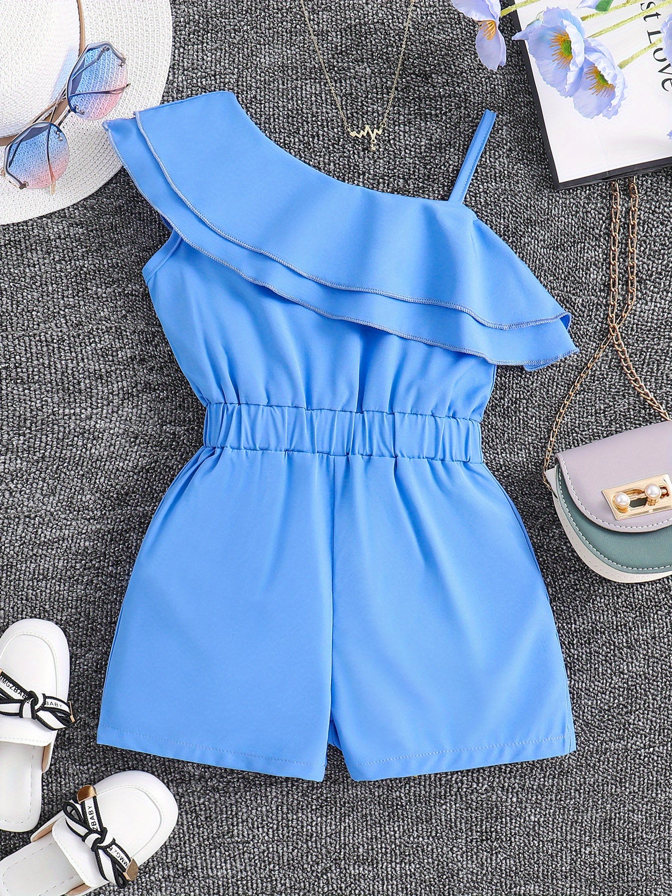Adorable Girls' White One-Shoulder Romper Jumpsuit - Ruffled, Sleeveless, Summer Outfit for Kids - Breathable, Soft, Comfortable Clothing for Little Princesses
